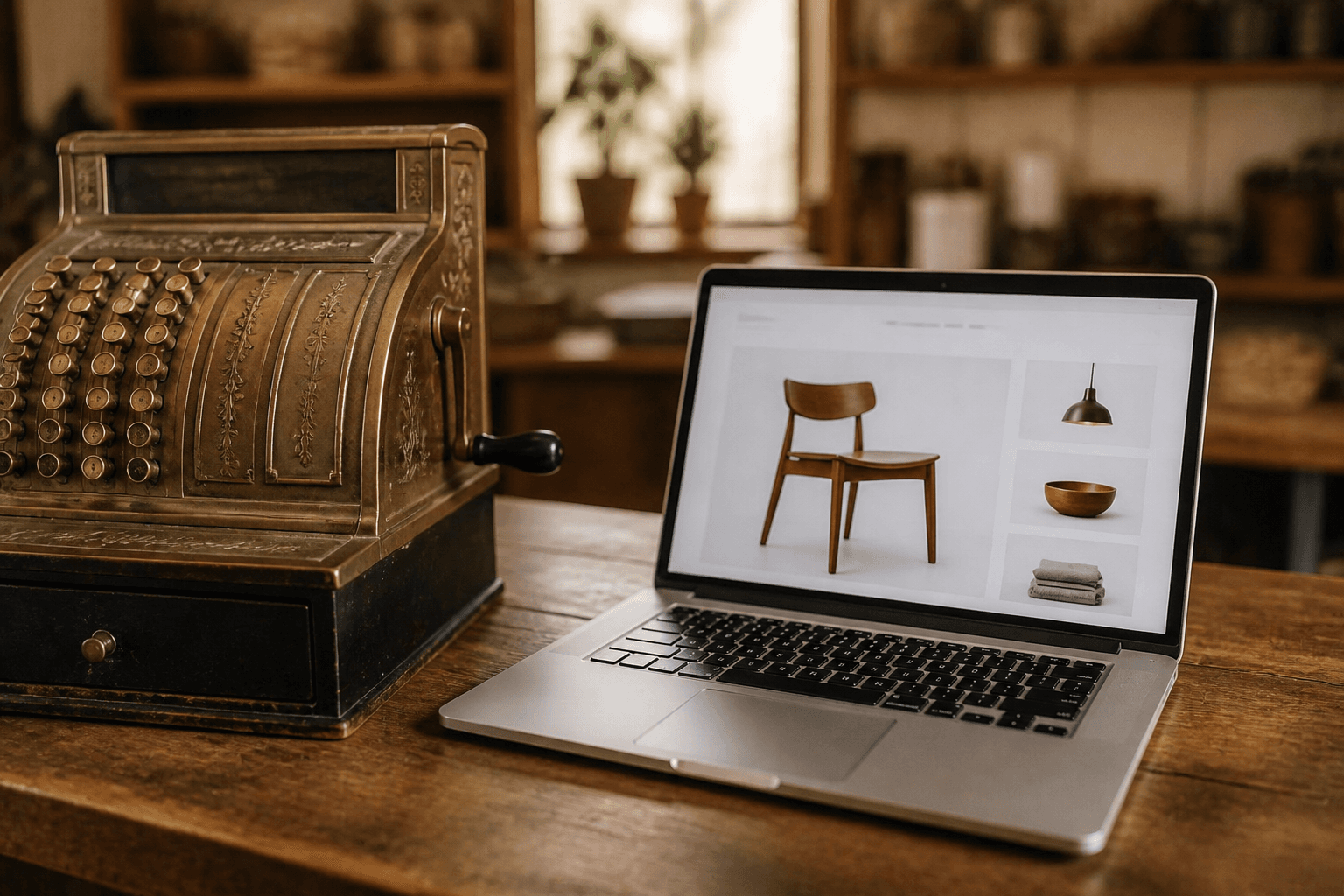 A vintage cash register beside a laptop on a wood shop counter