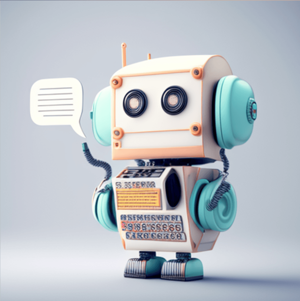 A childish robot with chat bubble with nondescript copy