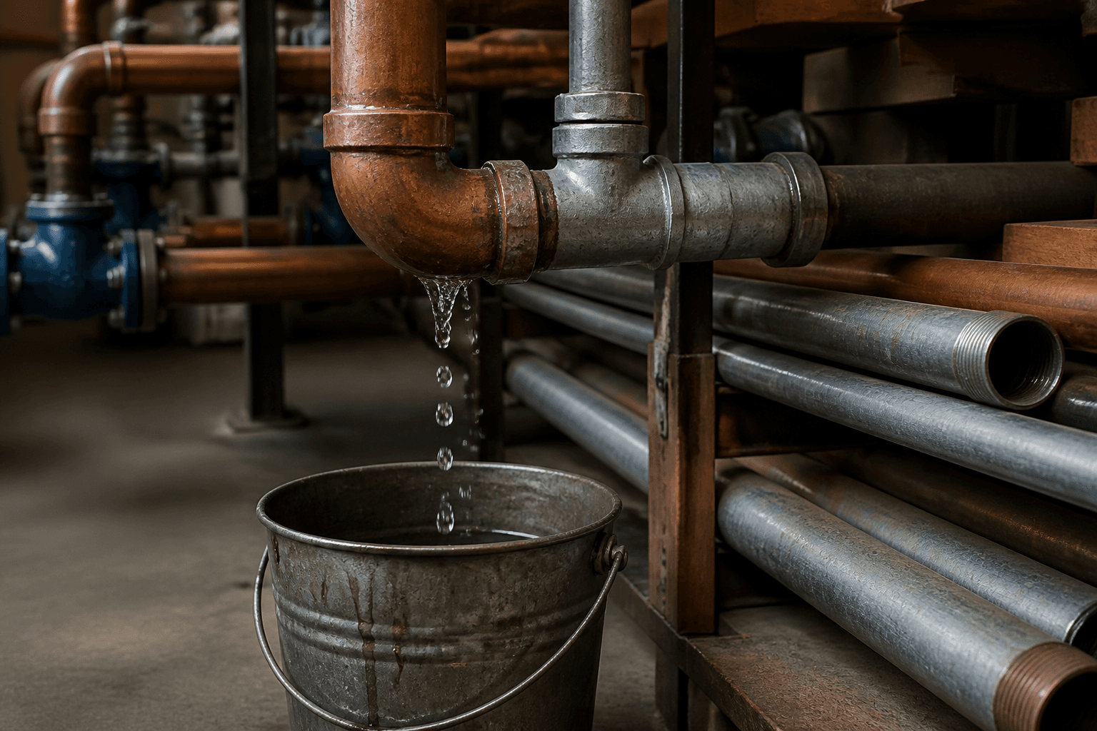 Industrial pipes dripping water into a metal bucket on a warehouse floor