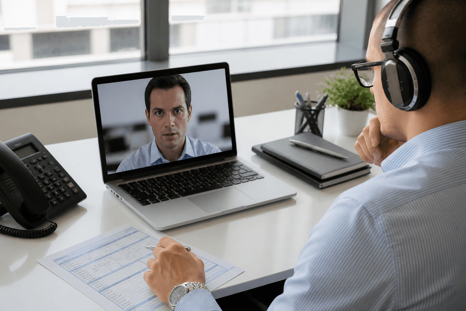 A person on a laptop video call at a desk with papers and a phone