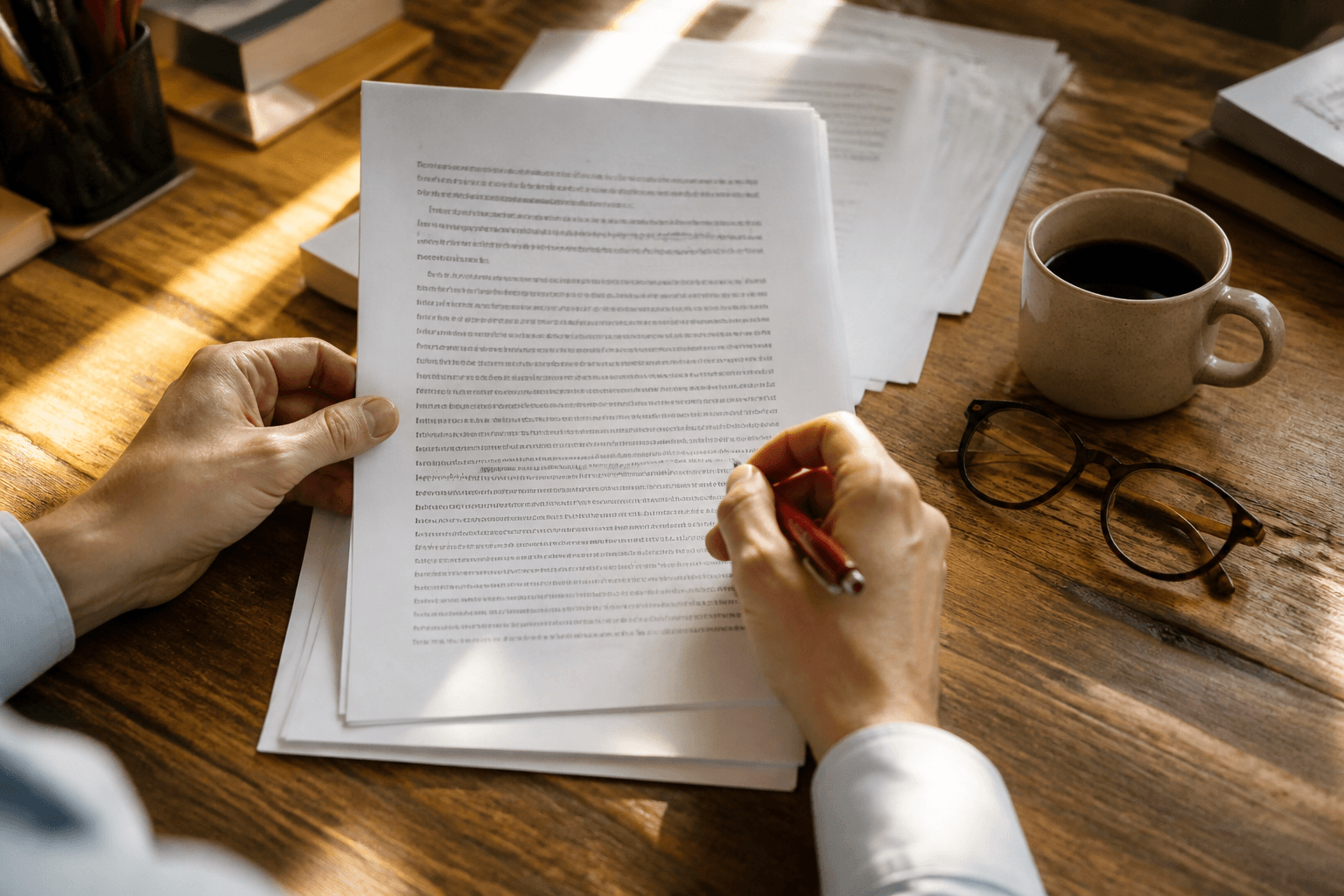 Printed manuscript pages and a red pen on a sunlit wooden desk