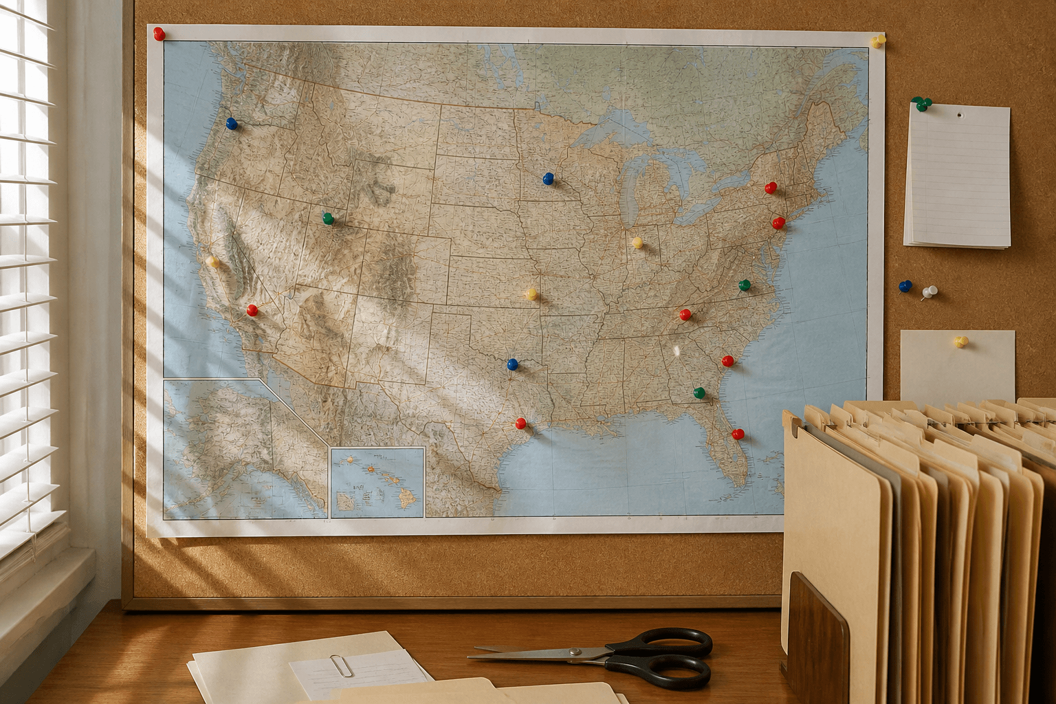 A corkboard with a paper U.S. map, colored pins, and hanging file folders