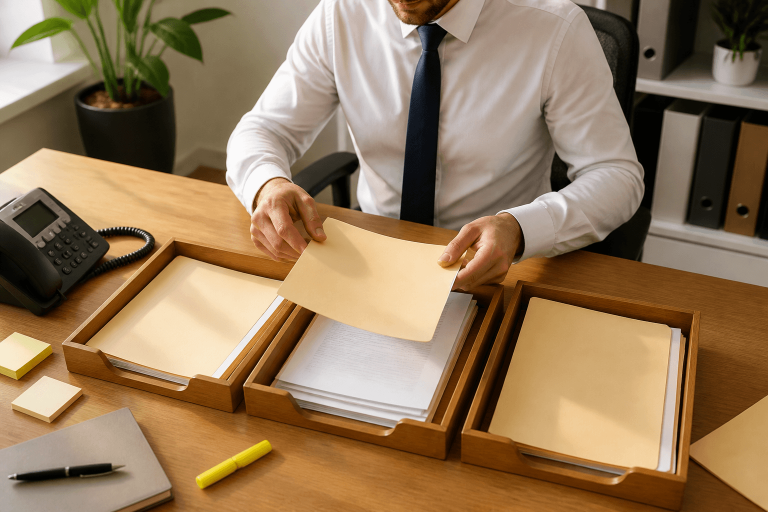 Manila folders being sorted into wooden trays on a sales desk