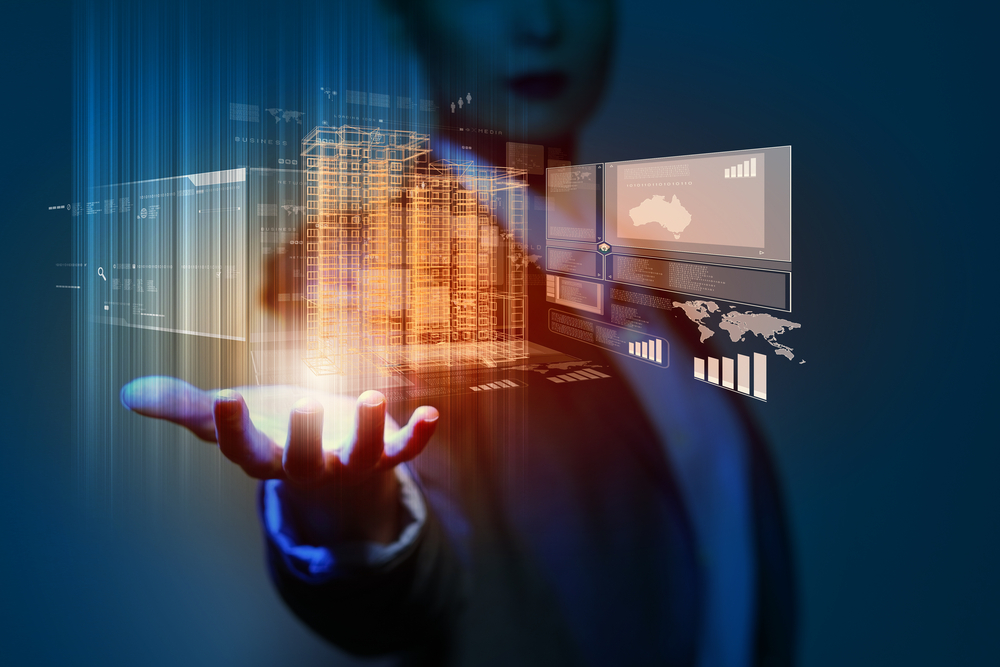 AI visualization of computer-related screens hovering above a man's hand