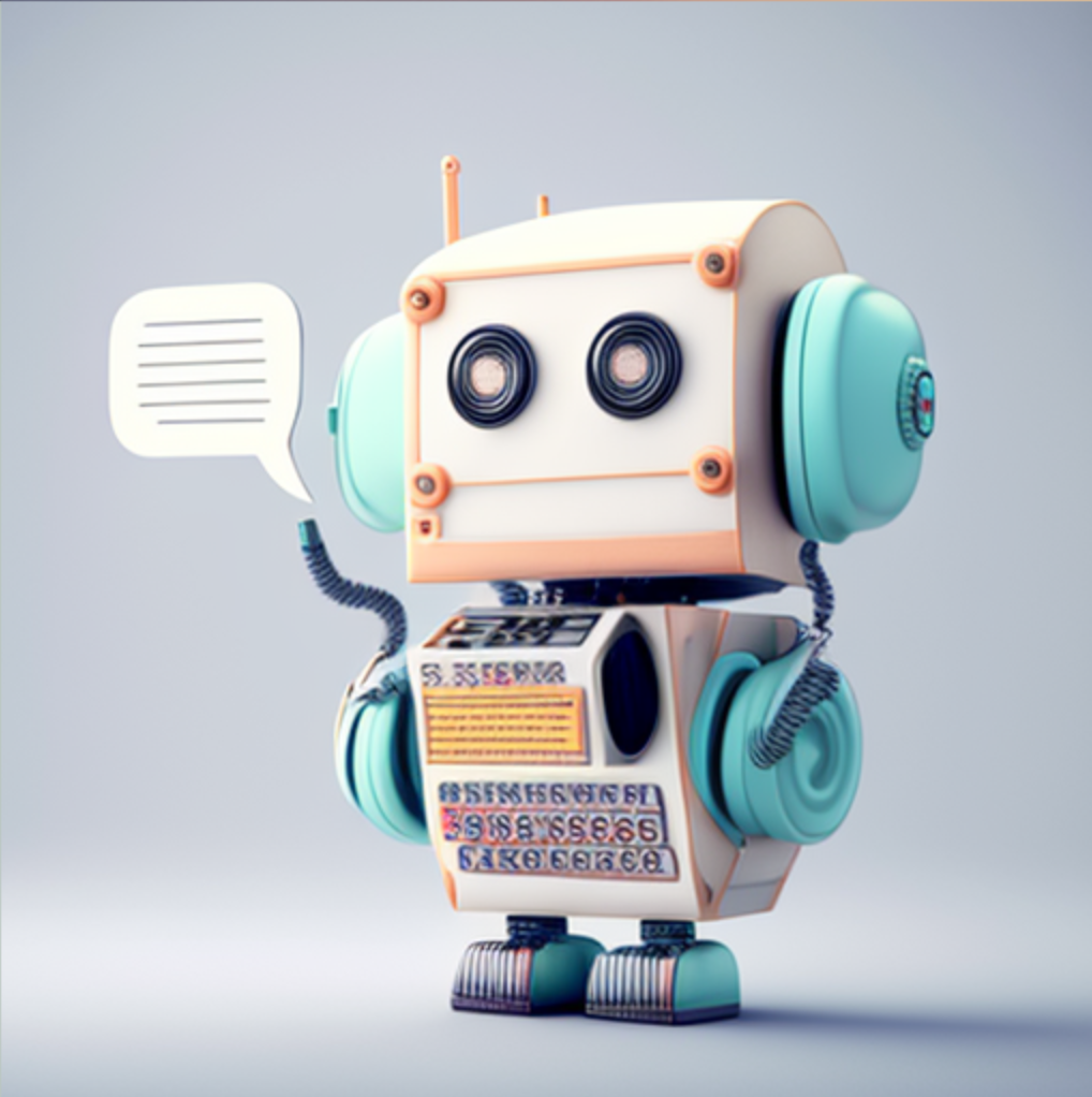 A childish robot with chat bubble with nondescript copy