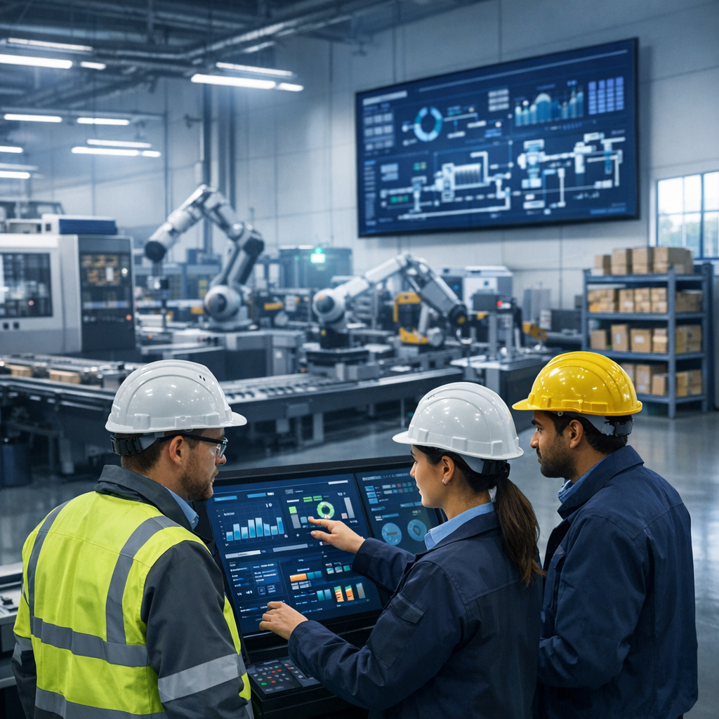 View of a Manufacturing floor with workers reviewing dashboards