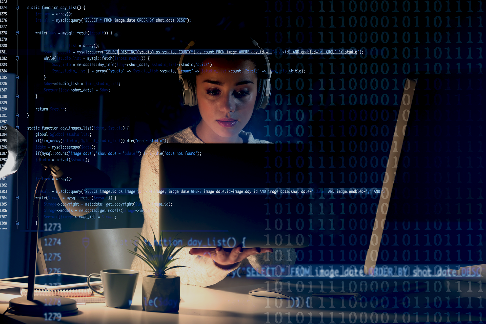 A woman focused at a computer, with code overlaying the photo